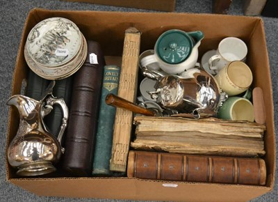 Lot 1135 - A group including silver plate, Coronation mugs, Victorian photographs, albums etc (one box)