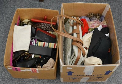 Lot 1142 - Assorted modern scarves, belts, handbags, designer prescription glasses, etc (two boxes)