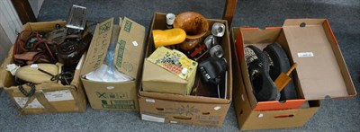 Lot 1144 - Four boxes including vintage electrical equipment, comics, vases etc