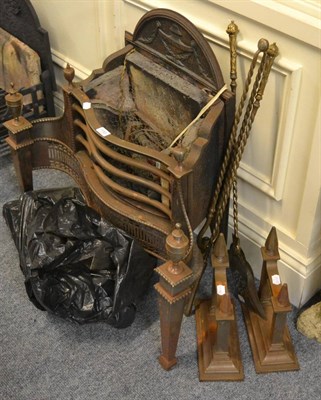 Lot 1152 - Cast iron fire basket in the Adam taste, together with pair of andirons and a set of three fire...