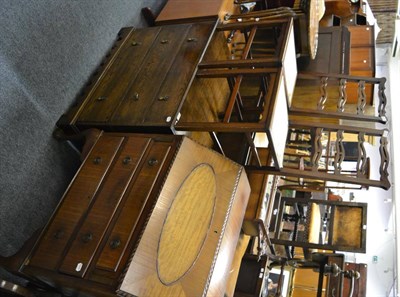 Lot 1167 - Oak three height chest of drawers, bureau and two ladder back chairs