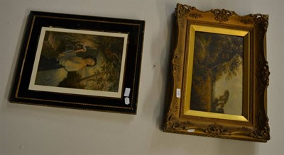 Lot 1195 - English School, 19th century, Rural landscape, oil on panel and after George Baxter - 'The Love...