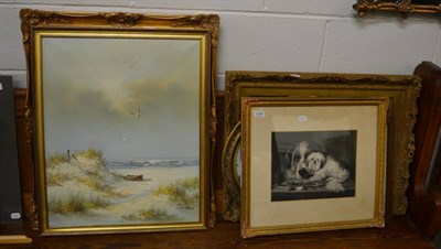 Lot 1199 - Two modern oil on canvas, needlework and three prints, all within gilt frames