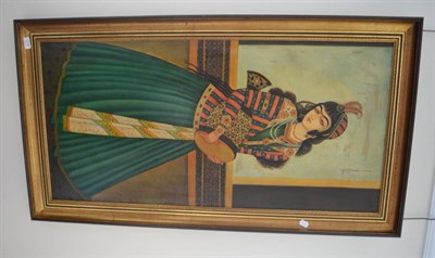 Lot 1215 - Indian School (20th century) a young beauty playing a drum, full portrait, oil on canvas