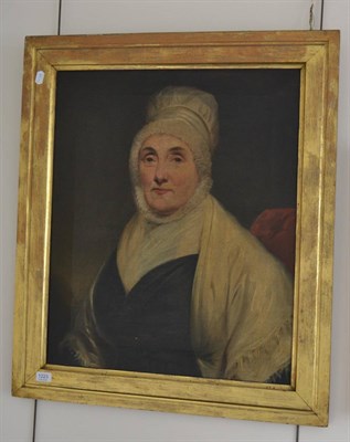 Lot 1223 - English School 19th century, half length portrait of a lady wearing a lace bonnet, oil on canvas