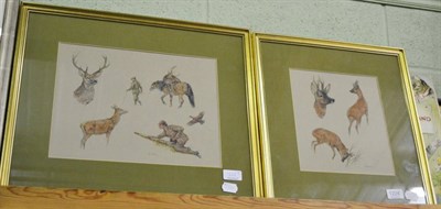 Lot 1228 - Brian Rawlings, studies of stalking deer, watercolour (2)