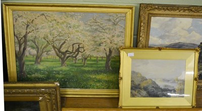 Lot 1241 - British School (20th century) Landscape with blossom trees, oil on board together with John...