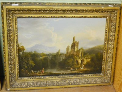 Lot 1252 - After Cobell (19th century school), ";A View of a Castle in Wales with Figures on a Bank of a...