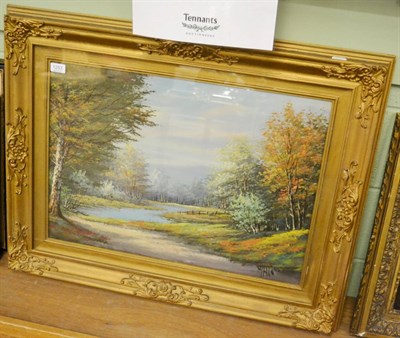 Lot 1253 - 20th century school, river landscape, oil on canvas, indistinctly signed