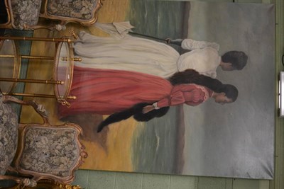 Lot 1268 - 20th century school, two ladies on a beach, oil on canvas, 215cm by 152cm (approximately)