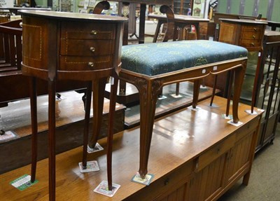 Lot 1307 - Pair of checkered string inlaid mahogany oval bedside chests of drawers, together with a duet stool