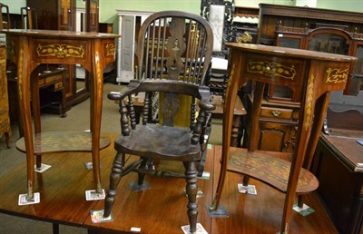 Lot 1369 - Pair of marquetry oval bedside tables, each with shelf stretcher