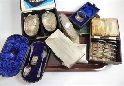 Lot 3 - Two silver cigarette cases presentation inscription, two cigarette boxes, two brushes, napkin ring