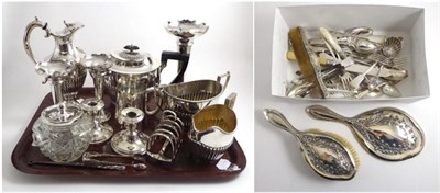 Lot 10 - Silver dressing table pieces, a pair of dwarf candlesticks, a quantity of silver plate etc