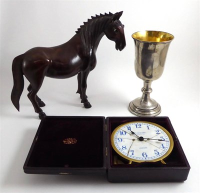 Lot 11 - A cased travelling timepiece with opaque glass dial and candle stand base, a Nottingham plate...