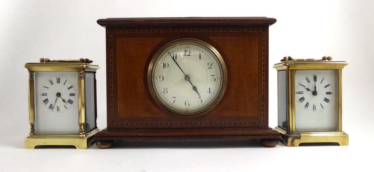 Lot 36 - Three clocks; two carriage and a French clock (3)