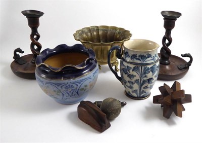 Lot 48 - A Macintyre pottery jug, a pair of oak and metal mounted chamber sticks, a Chinese bronze bowl...