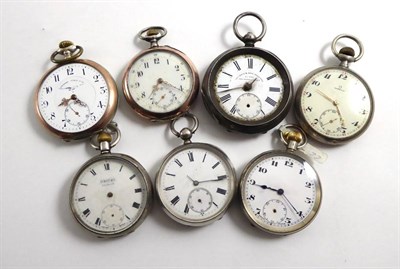 Lot 105 - Seven open faced pocket watches, two signed Omega, cases stamped 0.800, 0.935,and 0.925 (7)