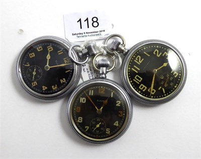 Lot 118 - Three nickel plated military pocket watches, two signed Elgin and Waltham, case backs with military