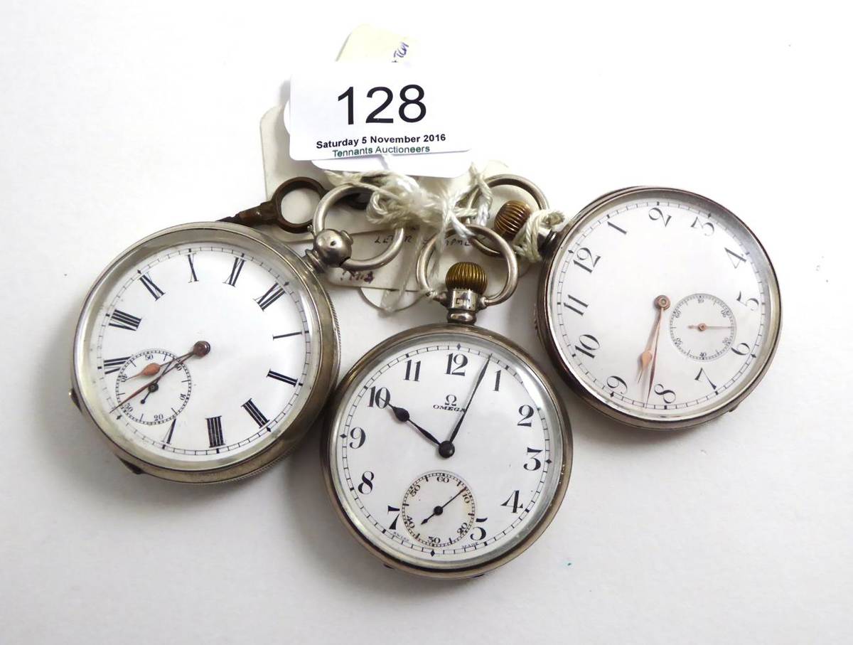 Lot 128 - Three open faced lever pocket watches, two movements signed Omega, one silver case and the...