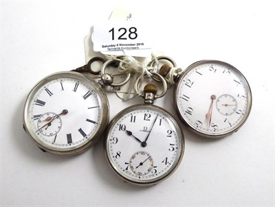 Lot 128 - Three open faced lever pocket watches, two movements signed Omega, one silver case and the...
