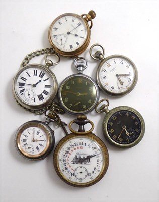 Lot 132 - A gun metal pocket watch with dial depicting a locomotive and 24-hour indication, two military...