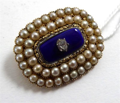 Lot 133 - A blue enamel, rose cut diamond and split seed pearl brooch