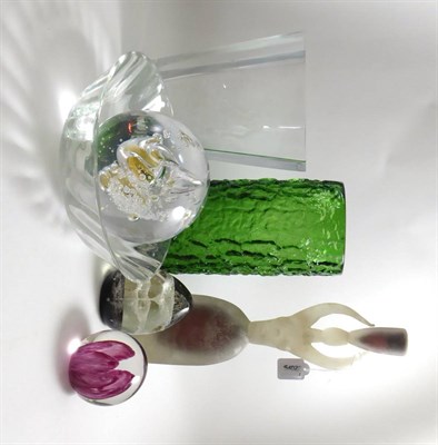 Lot 167 - A green Whitefriars vase, an Orrefors glass vase, three paper weights and a glass figural...