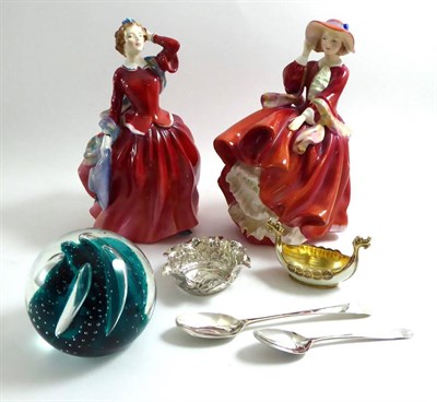 Lot 170 - Two Royal Doulton figures 'Blithe Morning' and 'Top O The Hill', a Caithness paperweight, two...