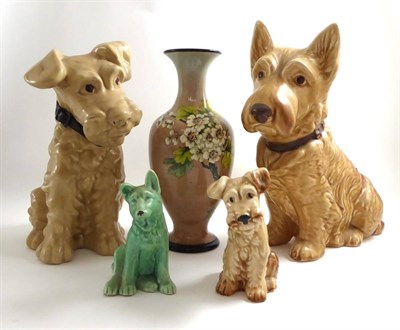 Lot 172 - Doulton Faience vase, painted with flowers and four various Sylvac pottery dogs (5)