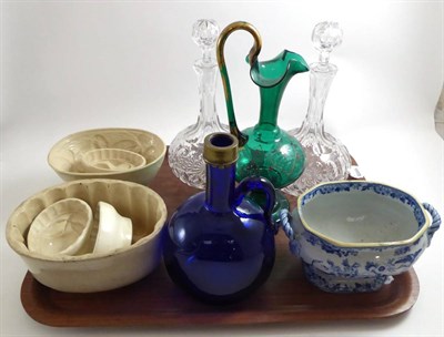Lot 184 - Five Victorian pottery jelly moulds, pair of decanters, two 19th century glass ewers, etc