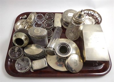 Lot 188 - A collection of silver including capstan inkwell, size 18 thimble, cigarette box, assorted...