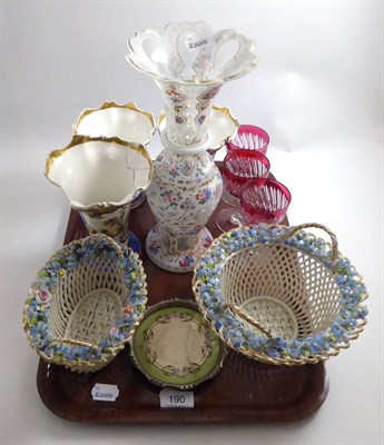 Lot 190 - A small group of 19th century ceramics and glass including a floral painted opaque flash glass...