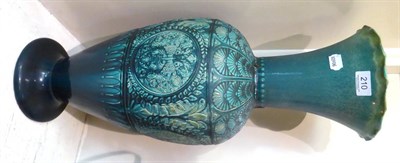 Lot 210 - A large Linthorpe Baluster vase, turquoise ground, relief floral panels, footed base, old repair to