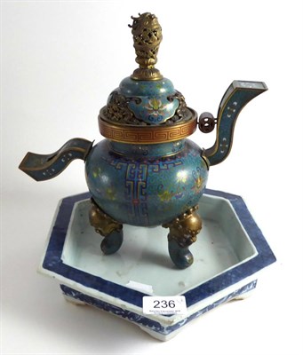 Lot 236 - A 19th century Chinese cloisonne censer, raised on three feet, cast with lion masks, together...