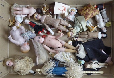 Lot 239 - Assorted miniature bisque and china dolls, some jointed, seated bisque baby with dummy, dolls...