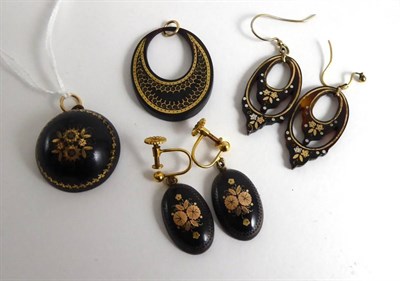 Lot 249 - Two pairs of piquet work earrings and two pendants