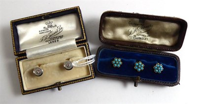 Lot 251 - A pair of mother-of-pearl and diamond set dress studs and a set of three turquoise set dress...