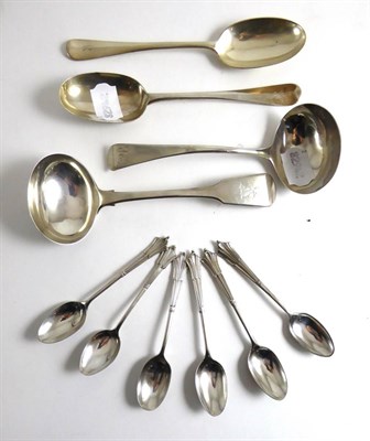 Lot 257 - A pair of silver dessert spoons, six teaspoons and two silver sauce ladles