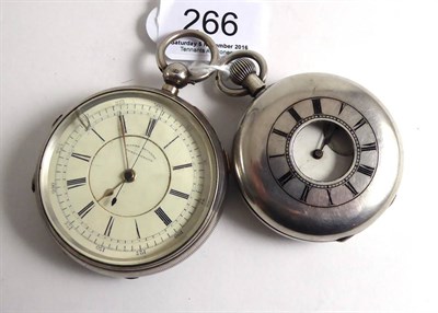 Lot 266 - A silver chronograph pocket watch and a silver half hunter pocket watch (2)