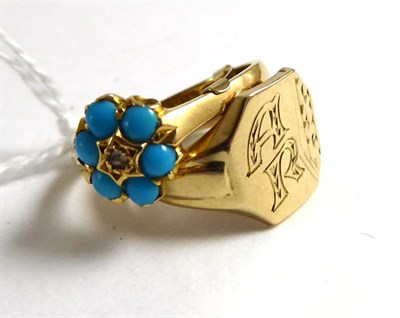 Lot 280 - An 18ct gold diamond and turquoise cluster ring and a 9ct gold signet ring (2)