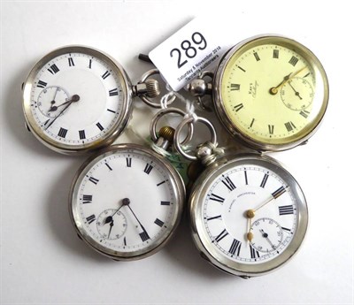 Lot 289 - Four open faced pocket watches, one silver case, the other three cases stamped 935 and 925