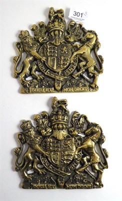 Lot 301 - A pair of brass coats of arms, 16.7cm high  Provenance: By repute Trawsgoed Mansion