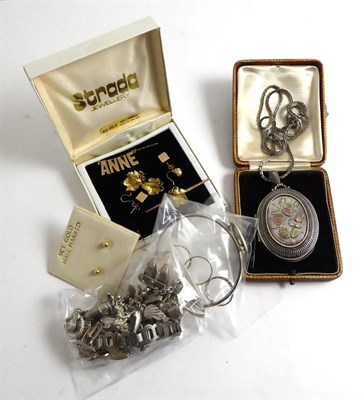 Lot 349 - A silver locket, charm bracelet, two pairs of earrings stamped 9ct, floral brooch stamped 9ct etc