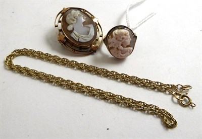 Lot 368 - A cameo ring, a cameo brooch in wire frame and a Prince of Wales chain (a.f.) (3)