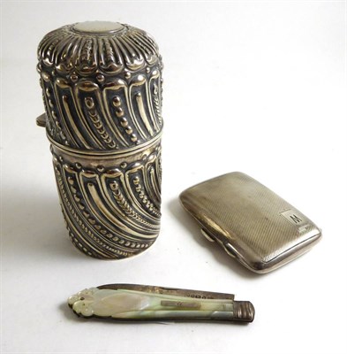 Lot 370 - A Victorian silver scent bottle holder, silver cigarette case and a silver bladed...