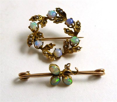 Lot 372 - A 9ct gold opal and seed pearl set leaf brooch (a.f.) together an opal set bar brooch of...