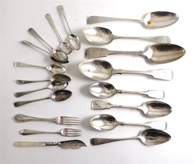 Lot 376 - A pair of George III silver table spoons, a pair of Victorian silver table spoons and a mixed group