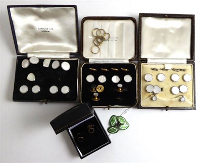 Lot 386 - A pair of 9ct gold dress studs, three mother-of-pearl cufflink and dress stud sets and a pair...