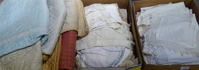 Lot 1017 - Assorted white linen, embroidered linen, two quilts and textiles etc (3 boxes)